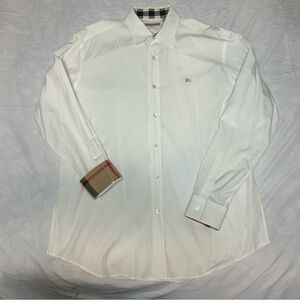 Burberry Brit Button Up Down Dress Shirt Men's XL White Plaid Collar Cuff FLAWS